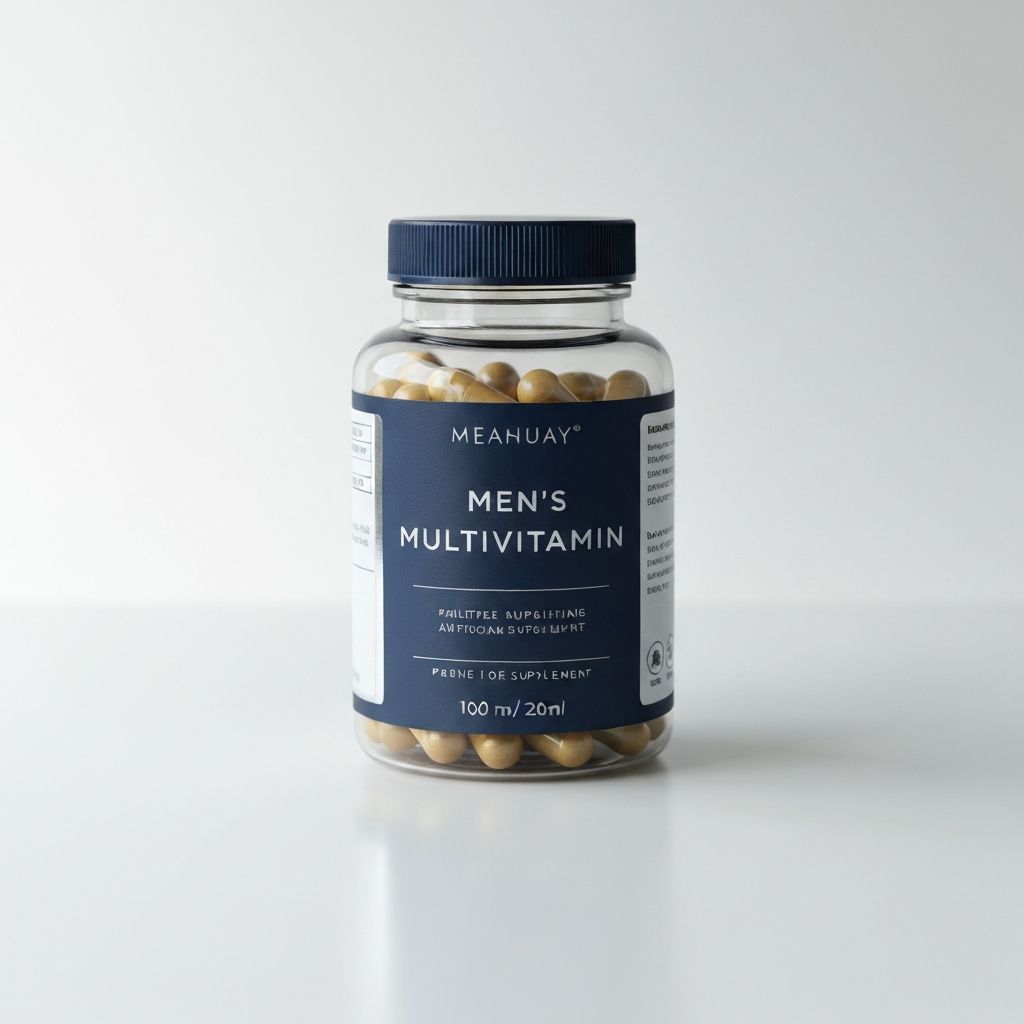 Men's daily multivitamin supplement bottle